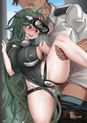 Rule 34 | 1boy, 1girl, against wall, alternate breast size, antenna hair, artist name, azur lane, bar censor, black one-piece swimsuit, blush, breasts, censored, cleft of venus, clothes pull, clothing aside, dark green hair, diving mask, diving mask on head, goggles, goggles on head, heart, heavy breathing, hetero, highres, imminent penetration, large breasts, leg up, long hair, one-piece swimsuit, open mouth, pants, pants pull, penis, pussy, red eyes, sex, shortstack, solo focus, split, spread legs, standing, standing sex, swimsuit, swimsuit aside, tnolize, torricelli (azur lane), trembling, vaginal, very long hair