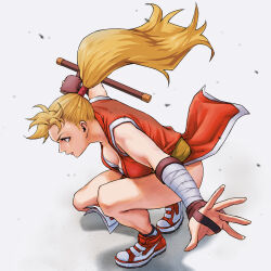 Rule 34 | 1girl, blonde hair, breasts, brown eyes, capcom, cleavage, commentary request, dougi, final fight, final fight 2, fingerless gloves, full body, genryuusai maki, gloves, high ponytail, highres, holding, holding weapon, japanese clothes, kimono, long hair, medium breasts, nike (company), ninja, pelvic curtain, ponytail, sash, shoes, simple background, sleeveless, sleeveless kimono, sneakers, solo, street fighter, thighs, tonfa, weapon, x chitch, yellow sash