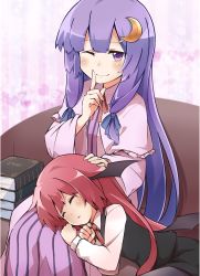 Rule 34 | 2girls, black skirt, blue ribbon, blush, book, book stack, capelet, closed eyes, crescent, crescent hair ornament, dress, finger to mouth, hair ornament, hair ribbon, hand on another&#039;s head, head wings, heart, highres, index finger raised, koakuma, lap pillow, long hair, long sleeves, looking at viewer, lying, multiple girls, necktie, on side, one eye closed, pantyhose, patchouli knowledge, purple eyes, purple hair, red hair, red necktie, ribbon, shushing, sitting, skirt, skirt set, sleeping, smile, striped clothes, striped dress, touhou, vest, wide sleeves, wings, yutamaro