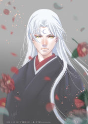 Rule 34 | 10s, 1boy, 2014, artist name, camellia, dated, expressionless, facial mark, flower, forehead mark, grey background, inuyasha, japanese clothes, kimono, layered clothes, layered kimono, long hair, male focus, motion blur, parted bangs, petals, pointy ears, portrait, sesshoumaru, signature, simple background, slit pupils, solo, tokiko (psychopomp), white hair, yellow eyes