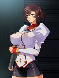 Rule 34 | 1girl, :&gt;, adjusting clothes, agent aika, aika (series), artist request, breasts, brown hair, buttons, cleft of venus, covered navel, crotch seam, curvy, defeat, delmo, delmogeny uniform, from above, highres, indoors, jacket, juliet sleeves, large breasts, lipstick, long sleeves, looking to the side, lying, makeup, miniskirt, mole, mole under eye, on floor, on side, pencil skirt, puffy sleeves, purple lips, skirt, solo, uniform, white delmo, white delmo n, white jacket, wide hips