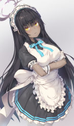 Rule 34 | 1girl, apron, arms under breasts, black dress, black hair, blue archive, blue bow, blue bowtie, blue ribbon, blush, bow, bowtie, breasts, closed mouth, commentary request, cowboy shot, crossed arms, dark-skinned female, dark skin, dress, frilled apron, frilled dress, frills, gloves, gradient background, grey background, hair between eyes, halo, highres, karin (blue archive), large breasts, long hair, looking at viewer, maid, maid apron, maid headdress, nakazawa aki, neck ribbon, pantyhose, pleated dress, pout, puffy short sleeves, puffy sleeves, ribbon, short sleeves, sidelocks, simple background, solo, standing, very long hair, waist apron, wavy mouth, white apron, white background, white gloves, white pantyhose, yellow eyes