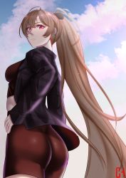 Rule 34 | 1girl, alternate costume, ass, azur lane, breasts, choister, cloud, cloudy sky, earrings, from behind, from below, hand on own hip, highres, jacket, jean bart (azur lane), jewelry, light brown hair, long hair, looking at viewer, looking back, looking down, open clothes, open jacket, plaid, plaid jacket, ponytail, purple eyes, skin tight, sky, small breasts, sports bra, very long hair