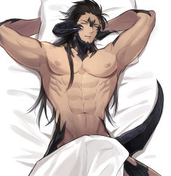 Rule 34 | 1boy, abs, armpits, au ra, bara, beard, bed sheet, brown hair, completely nude, demon boy, demon horns, demon tail, dragon boy, dragon horns, dragon tail, facial hair, final fantasy, final fantasy xiv, highres, horns, large pectorals, long hair, lying, male focus, muscular, muscular male, navel, nipples, nude, on back, on bed, pectorals, pillow, red eyes, scales, seum (kao husband), sleeping, solo, stomach, tail, warrior of light (ff14)