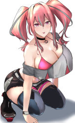 Rule 34 | 1girl, :p, absurdres, ankle boots, arm support, azur lane, belt, bikini, bikini under clothes, black choker, black footwear, black shorts, blue thighhighs, blush, boots, breasts, bremerton (azur lane), choker, cleavage, closed mouth, collarbone, commentary request, crop top, crop top overhang, cutoffs, full body, grey belt, grey hair, grey thighhighs, hair between eyes, hair intakes, highres, kneeling, large breasts, lifebuoy ornament, long hair, looking at viewer, midriff, mole, mole under eye, multicolored hair, navel piercing, negi seijin, off-shoulder shirt, off shoulder, piercing, pink bikini, pink eyes, pink hair, shadow, shirt, short shorts, short sleeves, shorts, sidelocks, simple background, single bare shoulder, smile, solo, streaked hair, swimsuit, thigh strap, thighhighs, tongue, tongue out, twintails, two-tone hair, two-tone legwear, two-tone skirt, white background, wristband