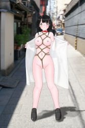Rule 34 | 1boy, 1girl, bare shoulders, bdsm, belt collar, black footwear, black hair, blunt bangs, blurry, blurry background, blush, bondage, bound, breasts, building, car, collar, collarbone, crotch rope, day, deadlock (av1-260001), dress, exhibitionism, facing viewer, flower pot, full body, functionally nude, hat, highres, large breasts, loafers, long hair, looking at viewer, medium breasts, motor vehicle, navel, nipples, no bra, nude, open clothes, open dress, outdoors, photo background, plant, pole, power lines, public indecency, pussy juice, red collar, road, rope, shibari, shibari under clothes, shirt, shoes, short hair, short sleeves, sign, sky, slave, sleeveless, sleeveless dress, smile, standing, street, wall, white dress, yellow eyes