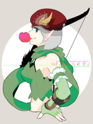 Rule 34 | 1girl, beret, blowing bubbles, blue eyes, bow (weapon), bra strap, breasts, chewing gum, closed mouth, commentary request, fingerless gloves, gloves, green gloves, green scarf, green tube top, grey hair, hat, holding, holding bow (weapon), holding weapon, looking at viewer, looking to the side, medium breasts, midriff, navel, norokome, pointy ears, profile, ragnarok online, ranger (ragnarok online), red hat, scarf, short hair, smile, solo, strapless, tube top, upper body, weapon