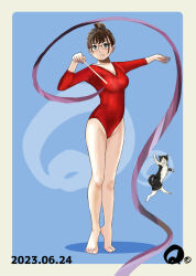 Rule 34 | 1girl, barefoot, blue background, blue eyes, border, breasts, brown hair, cat, covered erect nipples, dated, full body, glasses, gymnastics, hair up, leotard, original, q98780409, red leotard, rhythmic gymnastics, ribbon baton, simple background, small breasts, solo, standing, tiptoes, toes, white border