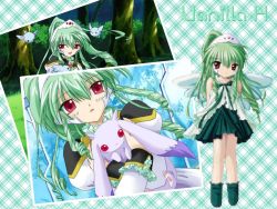 Rule 34 | 00s, 1girl, bird, broccoli (company), character name, creature, frills, full body, galaxy angel, green background, green footwear, green hair, green skirt, green theme, holding, juliet sleeves, kanan, long hair, long sleeves, looking at viewer, official art, official wallpaper, plaid, plaid background, ponytail, puffy sleeves, red eyes, screencap, shoes, sidelocks, skirt, standing, tree, vanilla h, wallpaper, wings