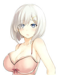 Rule 34 | 10s, 1girl, bare shoulders, blue eyes, bra, breasts, collarbone, eyes visible through hair, hair ornament, hair over one eye, hairclip, hamakaze (kancolle), highres, ishima yuu, kantai collection, large breasts, looking at viewer, open mouth, pink bra, short hair, silver hair, simple background, solo, underwear, upper body, white background
