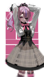 Rule 34 | 1girl, absurdres, ahoge, arms up, belt, black belt, black gloves, chinese commentary, commentary request, eyepatch, facing viewer, feet out of frame, gloves, highres, jacket, long hair, long sleeves, looking down, maria marionette, mouth hold, multicolored hair, nijisanji, nijisanji en, one eye covered, pink eyes, pink hair, plaid, plaid skirt, purple hair, shirt, skirt, solo, standing, streaked hair, twitter username, tying hair, virtual youtuber, white jacket, white shirt, zarakaga