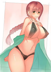 Rule 34 | 10hmugen, 1girl, bikini, blush, braid, grabbing another&#039;s breast, breasts, covered erect nipples, curvy, female focus, grabbing, highres, huge breasts, long hair, looking at viewer, one piece, parted lips, pink hair, rebecca (one piece), shiny skin, smile, solo, swimsuit