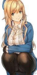 Rule 34 | 10s, 1girl, akaitera, atago (kancolle), blonde hair, breasts, gloves, green eyes, hat, kantai collection, large breasts, long hair, looking at viewer, panties, panties under pantyhose, pantyhose, signature, smile, solo, underwear
