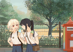 Rule 34 | 2girls, backpack, bag, belt, black hair, blonde hair, blue pants, blue skirt, commentary request, day, denim, food, hand on another&#039;s arm, handbag, highres, holding, holding food, holding ice cream, ice cream, ice cream cone, inoue takina, jeans, jewelry, long hair, looking at another, lycoris recoil, masaru (kises j), medium hair, multiple girls, necklace, nishikigi chisato, open mouth, outdoors, pants, park, playground, pleated skirt, ponytail, postbox (outgoing mail), purple eyes, red eyes, shirt, short sleeves, skirt, smile, tree, white shirt