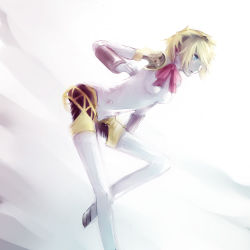 Rule 34 | 1girl, 720yen, aegis (persona), android, atlus, bent over, blonde hair, blue eyes, bow, breasts, female focus, gradient background, hair over one eye, hairband, neck ribbon, persona, persona 3, ribbon, short hair, simple background, solo, standing, standing on one leg, white background