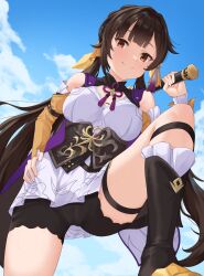 Rule 34 | 1girl, absurdres, bare shoulders, black shorts, blue sky, boots, breasts, brown eyes, brown hair, cameltoe, china dress, chinese clothes, closed mouth, cloud, commentary, commission, day, dress, english commentary, from below, gueya, hand on own hip, highres, holding, holding sword, holding weapon, honkai: star rail, honkai (series), long hair, looking at viewer, medium breasts, outdoors, shorts, sky, smile, solo, sushang (honkai: star rail), sword, twintails, weapon, white dress