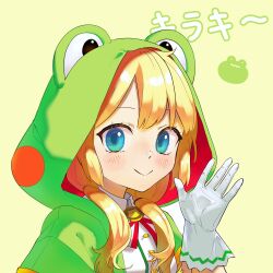 Rule 34 | 1girl, :&gt;, absurdres, animal hood, blonde hair, blue eyes, blush, buttons, closed mouth, commentary request, frog hood, gloves, hand up, highres, hood, hood up, long hair, looking at viewer, low twintails, mih, nijikawa laki, project upd8, shirt, simple background, smile, solo, twintails, upper body, virtual youtuber, waving, white gloves, white shirt, yellow background
