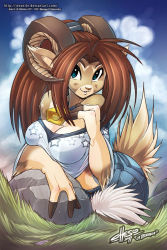 Rule 34 | 1girl, animal ears, bell, blue eyes, breasts, brown hair, cleavage, collar, cowbell, denim, furry, furry female, goat horns, horns, jeans, jesonite, large breasts, neck bell, pants, pointy ears, scrunchie, short hair, smile, tail