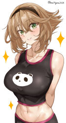 Rule 34 | 1girl, black hairband, black tank top, blush, breasts, brown hair, chamumi (mochiumee), closed mouth, green eyes, gym shorts, hairband, kantai collection, large breasts, looking at viewer, mutsu (kancolle), short hair, shorts, simple background, smile, solo, tank top, toned, upper body, white background