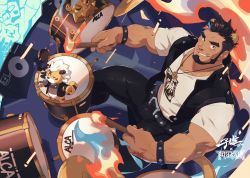 Rule 34 | 1boy, abs, absurdres, alca (wakatanka4), alternate costume, animal ears, bara, beard, black hair, black jacket, black pants, bulge, commission, dark-skinned male, dark skin, drum, drumming, drumsticks, extra ears, facial hair, from above, gyee, highres, instrument, jacket, jewelry, large pectorals, leather, leather jacket, lion boy, lion ears, lion tail, looking at viewer, male focus, male pubic hair, mature male, muscular, muscular male, navel, navel hair, necklace, nipples, original, pants, pectorals, pubic hair, shirt, short hair, sleeveless, sleeveless jacket, solo, tail, thick eyebrows, tight clothes, tight pants, undercut, white shirt, zixiong zix