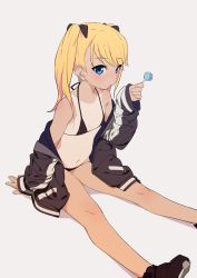Rule 34 | 1girl, bikini, black bikini, blonde hair, blue eyes, blush, candy, character request, copyright request, flat chest, food, lollipop, long hair, looking at viewer, one-piece tan, sepia background, shoes, simple background, sitting, sneakers, sohin, solo, swimsuit, tan, tanline, twintails