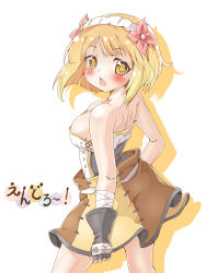 Rule 34 | 1girl, absurdres, blonde hair, blush, breasts, cleavage, endro!, fai fai, flower, hair flower, hair ornament, highres, large breasts, looking at viewer, looking back, short hair, simple background, solo, white background, yellow eyes