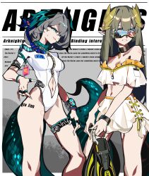 Rule 34 | 2girls, absurdres, arknights, bikini, bracelet, choker, diving mask, flippers, goggles, highleg, highleg swimsuit, highres, ho&#039;olheyak (arknights), infection monitor (arknights), jewelry, muelsyse (arknights), multiple girls, nail polish, navel, off-shoulder bikini, off shoulder, one-piece swimsuit, qingjiaokuaigengxin, snake tail, snorkel, swimsuit, tail, thigh strap, thighs, white bikini, white one-piece swimsuit, zipper