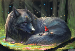Rule 34 | 1girl, animal, basket, bug, butterfly, corset, eye contact, flower, forest, head wreath, hood, insect, light rays, little red riding hood, looking at another, monokubo, nature, oversized animal, sitting, size difference, skirt, tree, twitter username, wolf