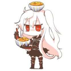 Rule 34 | 10s, 1girl, abyssal ship, aircraft carrier oni, bowl, chibi, elbow gloves, food, food on head, gloves, kantai collection, lowres, no mouth, no nose, object on head, oyakodon (food), rebecca (keinelove), red eyes, side ponytail, skirt, solo, spoon, white hair