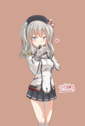 Rule 34 | 10s, 1girl, beret, blue eyes, blush, breasts, buttons, epaulettes, frilled sleeves, frills, gift, gloves, hat, heart, higeno shinshi, holding, holding gift, jacket, kantai collection, kashima (kancolle), long sleeves, looking at viewer, military, military uniform, miniskirt, pleated skirt, sidelocks, silver hair, simple background, skirt, smile, solo, twintails, uniform, valentine, wavy hair, white gloves