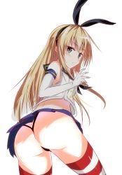 Rule 34 | 10s, 1girl, ass, bad id, bad pixiv id, black panties, blonde hair, blush, butt crack, cowboy shot, crop top, elbow gloves, from behind, gloves, grey eyes, hairband, highleg, highleg panties, highres, kantai collection, long hair, looking at viewer, looking back, microskirt, midriff, neckerchief, panties, pleated skirt, sato (samanosuke 0710), school uniform, serafuku, shimakaze (kancolle), simple background, skirt, solo, striped clothes, striped thighhighs, thighhighs, thong, underwear, white background, white gloves