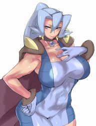 Rule 34 | blue eyes, blue gloves, blush, bodysuit, breasts, cameltoe, cape, clair (pokemon), cleavage, covered navel, creatures (company), game freak, gloves, gym leader, hair between eyes, hand on own chest, hand on own hip, highres, huge breasts, muscular, muscular female, nintendo, pokemon, pokemon hgss, skin tight, sleeveless, smile, solo, taut clothes, uya (yurukah), white background
