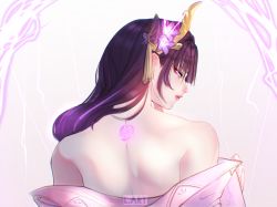 Rule 34 | 1girl, artist name, back tattoo, bare shoulders, closed mouth, commentary, electricity, english commentary, flower, from behind, genshin impact, highres, japanese clothes, lart art1, long hair, looking at viewer, looking back, mole, mole under eye, purple eyes, purple flower, purple hair, raiden shogun, simple background, solo, tattoo, undressing