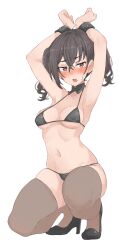 Rule 34 | 1girl, :o, absurdres, armpits, arms up, bikini, black bikini, black footwear, black hair, black thighhighs, blush, bound, bound wrists, breasts, breasts apart, clenched hands, collarbone, covered erect nipples, earrings, high heels, highres, idolmaster, idolmaster cinderella girls, jewelry, looking at viewer, medium breasts, navel, nose blush, sharp teeth, simple background, skindentation, solo, squatting, stomach, stud earrings, sunazuka akira, sweatdrop, swimsuit, teeth, thighhighs, wasabijoyu76, white background