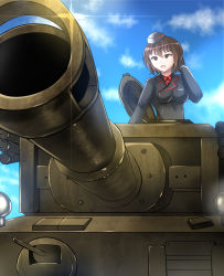 Rule 34 | 1girl, black hat, black jacket, blue sky, brown eyes, brown hair, cloud, cloudy sky, commentary, day, diffraction spikes, dress shirt, foreshortening, garrison cap, girls und panzer, hand in own hair, hat, highres, jacket, kuromorimine military uniform, long sleeves, military, military hat, military uniform, military vehicle, motor vehicle, nishizumi maho, nyx (mebius no wa), open mouth, outdoors, red shirt, shirt, short hair, sky, solo, tank, tiger i, uniform, wing collar