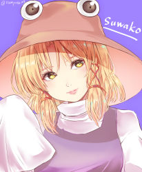 Rule 34 | 1girl, artist name, blonde hair, breasts, brown hat, character name, commentary request, hair between eyes, hair ribbon, hat, head tilt, highres, lips, lipstick, long sleeves, looking to the side, makeup, moriya suwako, pink lips, purple background, purple vest, ramudia (lamyun), red ribbon, ribbon, shirt, short hair, sidelocks, simple background, sleeves past fingers, sleeves past wrists, small breasts, smile, solo, touhou, turtleneck, twitter username, upper body, vest, white shirt, wide sleeves, yellow eyes