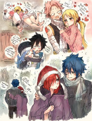 Rule 34 | 3boys, 3girls, bandages, barefoot, black hair, blonde hair, blue hair, blush, curtains, english text, erza scarlet, eyebrows, eyelashes, closed eyes, fairy tail, feet, forehead, gray fullbuster, hair over one eye, hair tie, hat, heart, highres, jellal fernandes, juvia lockser, knees, legs, long hair, lucy heartfilia, multiple boys, multiple girls, natsu dragneel, open mouth, pink hair, rboz, red hair, rusky, santa hat, scarf, short hair, snow, snowing, sweat, tattoo, tears, text focus, twintails