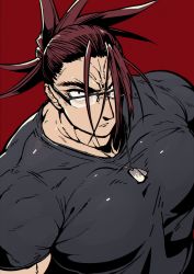 Rule 34 | 1boy, bara, close-up, fate/grand order, fate (series), frown, glasses, jewelry, large pectorals, long hair, looking at viewer, male focus, manly, mature male, men cho, muscular, muscular male, necklace, pectorals, red background, red hair, shirt, solo, spiked hair, t-shirt, tanaka shinbei (fate), thick eyebrows, tight clothes, upper body