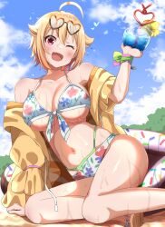 1girl ahoge beach bikini blonde_hair blue_sky breasts cloud collarbone crazy_straw cup day drink drinking_glass drinking_straw eyewear_on_head floral_print_bikini hair_flaps haruki_(haruki678) heart heart-shaped_eyewear highres holding holding_cup ibuki_tsubasa idolmaster idolmaster_million_live! large_breasts looking_at_viewer navel one_eye_closed open_mouth red-framed_eyewear red_eyes sand short_hair sitting sky smile solo stomach sunglasses swimsuit wet white_bikini