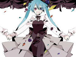 Rule 34 | :d, aqua hair, belt, blue eyes, bow, bowtie, holding hands, hatsune miku, heterochromia, long hair, open mouth, red eyes, skirt, smile, solo focus, twintails, very long hair, vocaloid, yoshiki