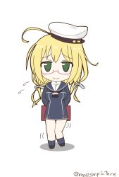Rule 34 | 10s, 1girl, alternate costume, blonde hair, chibi, cosplay, dress, flying sweatdrops, green eyes, hat, highres, i-8 (kancolle), kantai collection, kneehighs, mae (maesanpicture), sailor dress, sailor hat, smile, socks, solo, twintails, twitter username, z1 leberecht maass (kancolle), z1 leberecht maass (kancolle) (cosplay)
