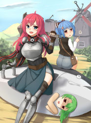 Rule 34 | 3girls, absurdres, admiral hipper (warship girls r), armor, bag, black bow, blue eyes, blue hair, blush, bow, breasts, character request, green hair, hair bow, handbag, highres, large breasts, long hair, looking at viewer, medium hair, multiple girls, open mouth, parted lips, pink hair, pointing, ponytail, prinz eugen (warship girls r), red eyes, short hair, short ponytail, shou jian yu, sitting, smile, warship girls r