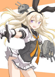 Rule 34 | 1girl, akizuki (kancolle), blonde hair, commentary request, corset, cowboy shot, fuji (pixiv24804665), gloves, highres, kantai collection, long hair, looking at viewer, multicolored clothes, multicolored gloves, neckerchief, open mouth, pleated skirt, pointing, purple eyes, rensouhou-chan, round teeth, school uniform, serafuku, shimakaze (kancolle), skirt, smile, solo, teeth, two-tone background, upper teeth only, white background, white skirt, yellow neckerchief