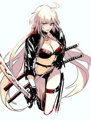 Rule 34 | ahoge, bare legs, belt, black gloves, black jacket, breasts, dual wielding, fate/grand order, fate (series), gloves, hair between eyes, hand on own hip, highres, holding, holding sword, holding weapon, hoshi rasuku, jacket, jeanne d&#039;arc alter (swimsuit berserker) (fate), jeanne d&#039;arc (fate), jeanne d&#039;arc alter (fate), jeanne d&#039;arc alter (swimsuit berserker) (fate), katana, leg belt, long hair, looking at viewer, open mouth, silver hair, simple background, solo, sword, very long hair, weapon, white background, yellow eyes
