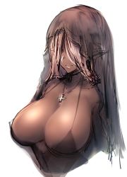 Rule 34 | 1girl, absurdres, bad id, bad tumblr id, black dress, breasts, covered eyes, cropped torso, cross, cross necklace, dark-skinned female, dark skin, dress, elf, hair over eyes, highres, hometa, huge breasts, jewelry, necklace, original, parted bangs, parted lips, pointy ears, revision, simple background, sketch, smile, solo, veil, white background