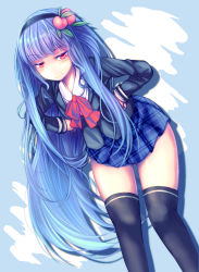 Rule 34 | &gt;:), 1girl, bad id, bad pixiv id, blazer, blue hair, blush, bow, bowtie, collared shirt, food, food on head, fruit, fruit on head, hairband, half-closed eyes, hands on own hips, highres, hinanawi tenshi, jacket, leaning forward, long hair, looking at viewer, maru daizu (aqua6233), miniskirt, naughty face, object on head, peach, plaid, pleated skirt, red eyes, school uniform, shirt, skirt, smug, solo, thighhighs, thighs, touhou, unmoving pattern, v-shaped eyebrows, very long hair, zettai ryouiki