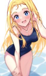 Rule 34 | 1girl, :d, bare arms, bare shoulders, blonde hair, blue eyes, blue one-piece swimsuit, collarbone, competition school swimsuit, forehead, hand in own hair, highres, jewelry, kofune ushio, long hair, necklace, one-piece swimsuit, open mouth, photoshop (medium), profnote, school swimsuit, shell, shell necklace, smile, solo, summertime render, swimsuit, thigh gap, very long hair, water