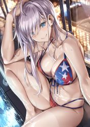 Rule 34 | 1girl, american flag bikini, american flag print, bare shoulders, bikini, blue eyes, blurry, blurry background, blush, bokeh, breasts, city lights, cleavage, closed mouth, collarbone, depth of field, elbow on knee, fate/grand order, fate (series), flag print, front-tie bikini top, front-tie top, hair down, hand on own head, head tilt, highres, indoors, knee up, ks (xephyrks), large breasts, long hair, looking at viewer, miyamoto musashi (fate), miyamoto musashi (fate/grand order), miyamoto musashi (swimsuit berserker) (fate), miyamoto musashi (swimsuit berserker) (second ascension) (fate), multi-strapped bikini, navel, night, pink hair, poolside, print bikini, sandals, sidelocks, sitting, skindentation, smile, solo, sparkle, stomach, swept bangs, swimsuit, tan, tanline, thighs, wet, window