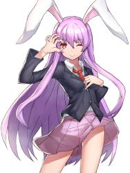 Rule 34 | 1girl, animal ears, black jacket, blazer, buttons, closed mouth, collared shirt, cowboy shot, dress shirt, glowing, glowing eye, hair between eyes, highres, jacket, leste (humansequencer), long hair, long sleeves, looking at viewer, miniskirt, necktie, one eye closed, pink hair, pink skirt, pleated skirt, rabbit ears, red necktie, reisen udongein inaba, shirt, skirt, smile, solo, touhou, very long hair, white shirt