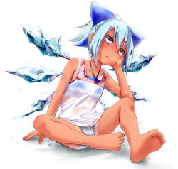 Rule 34 | 1girl, barefoot, blue bow, blue hair, blue panties, bow, cirno, feet, full body, hair bow, hamuta0404, ice, ice wings, looking at viewer, panties, pantyshot, polka dot, polka dot panties, short hair, grey eyes, simple background, sitting, solo, sweat, tan, tank top, tanline, tanned cirno, touhou, underwear, white background, wings